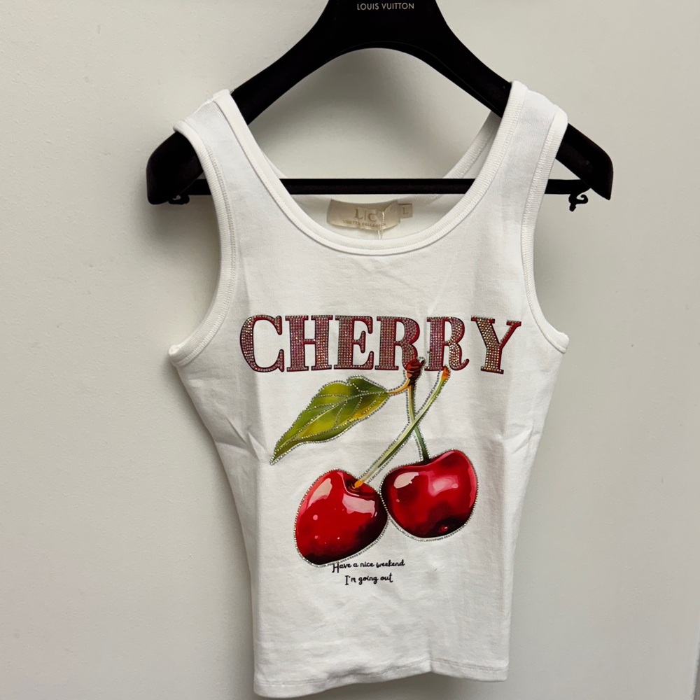 New Crystal Cherry Graphic White Tank Top slim fit L